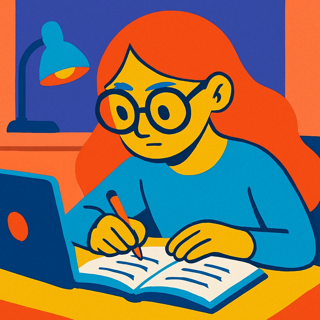 a girl with long hair and specs, concentrating on her work, vibrant cartoon style emoji