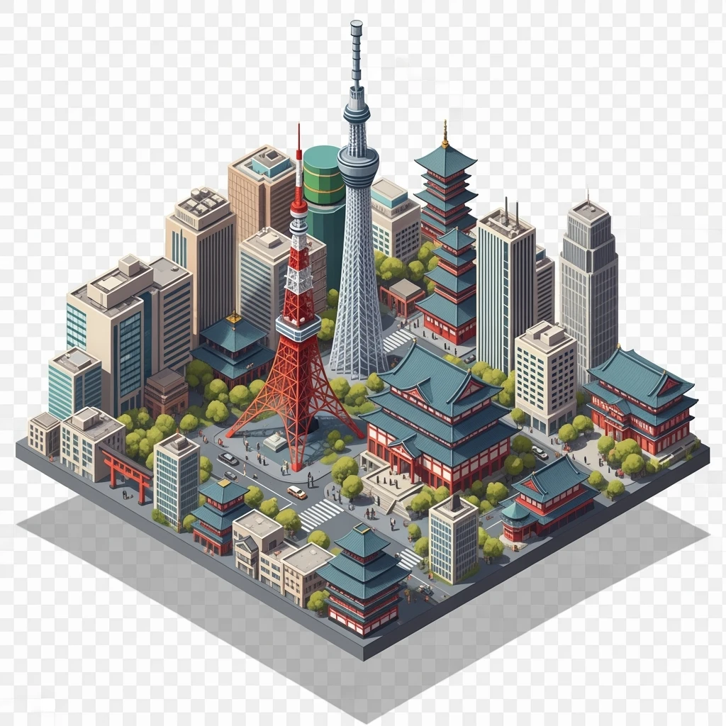 Isometric illustration of Tokyo,  detailed miniature cityscape with its most iconic landmarks and urban views, hand-drawn painterly style, slightly stylized but recognizable architecture, balanced colors, subtle 3D miniature effect, no cartoonish look, transparent background. emoji