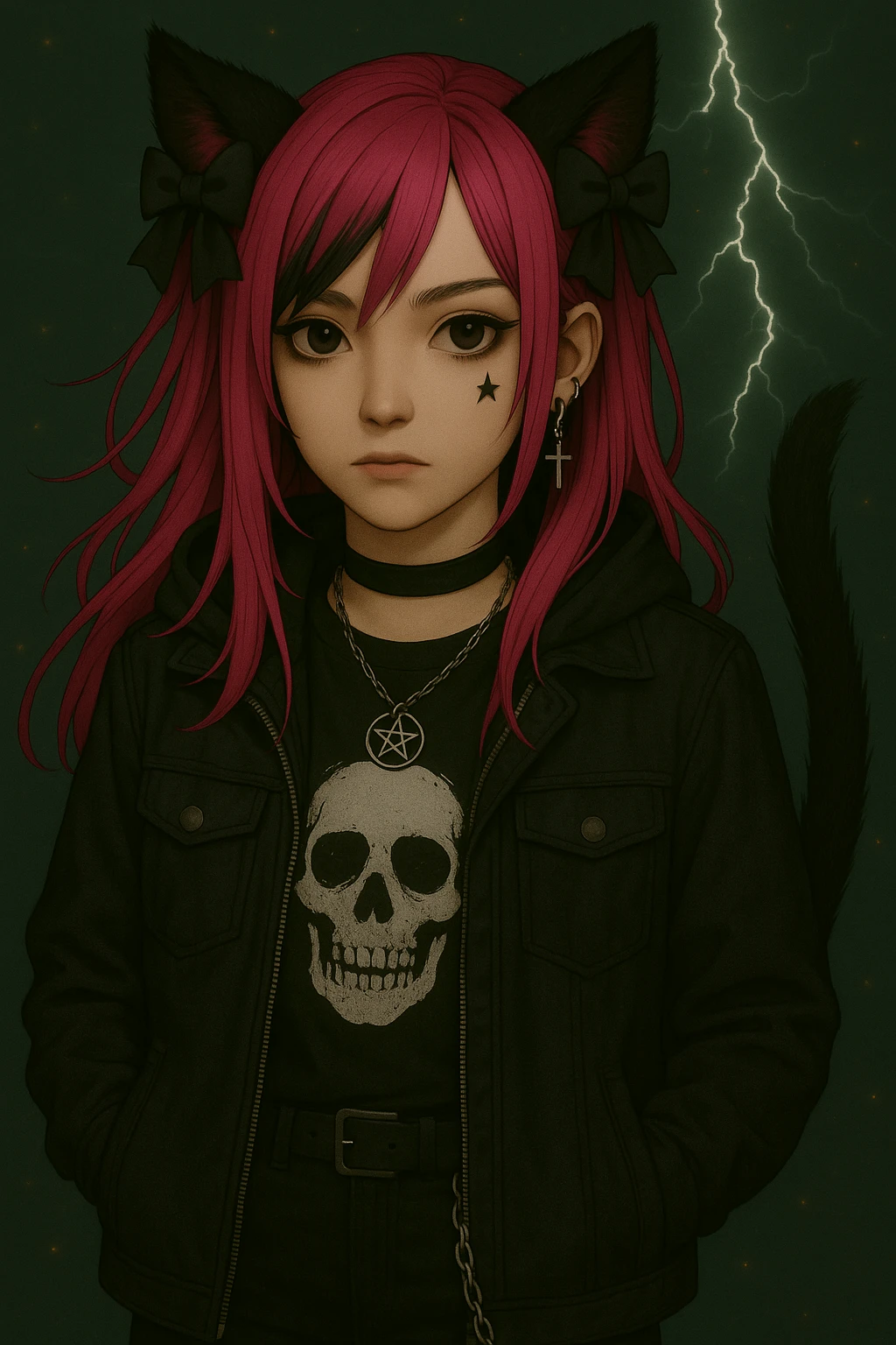Add a stylish face tattoo, such as a small heart or star under the eye, to the character in the image. Keep the modern streetwear outfit, emo style, pink hair, dark magical accessory, sparkles, stormy background, and normal face. Render in a realistic anime style. emoji