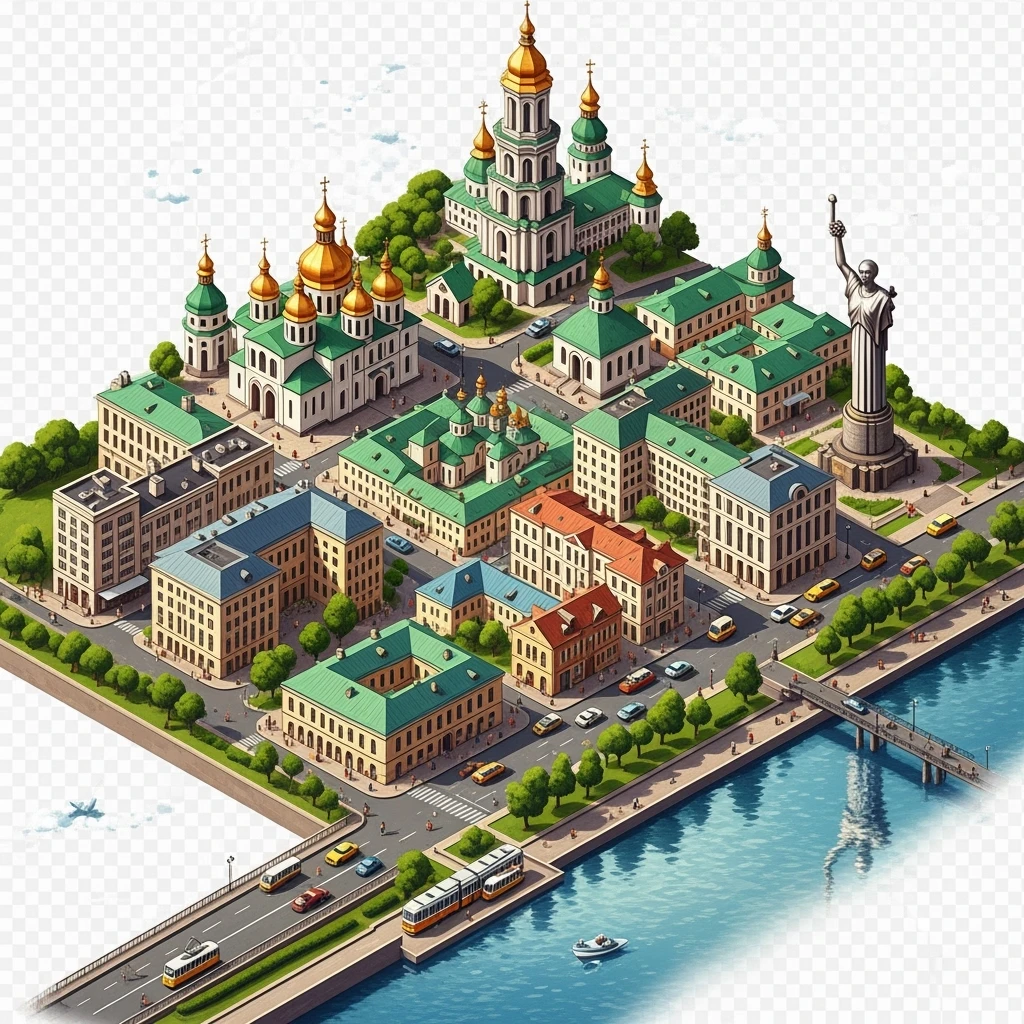 Isometric illustration of photorealistic Kyiv, balanced between paint stylized and realistic, 3D miniature effect, transparent background. emoji