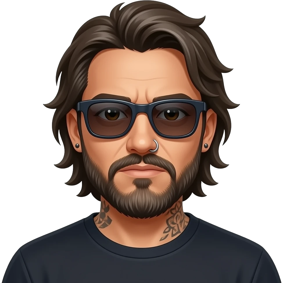 The handsome manly Latino podcast host with medium length hair, a long  slightly graying beard and tattoos with his ears pierced and a nose ring on the right side, dark brown eyes, dark sunglasses, feeling broken emoji