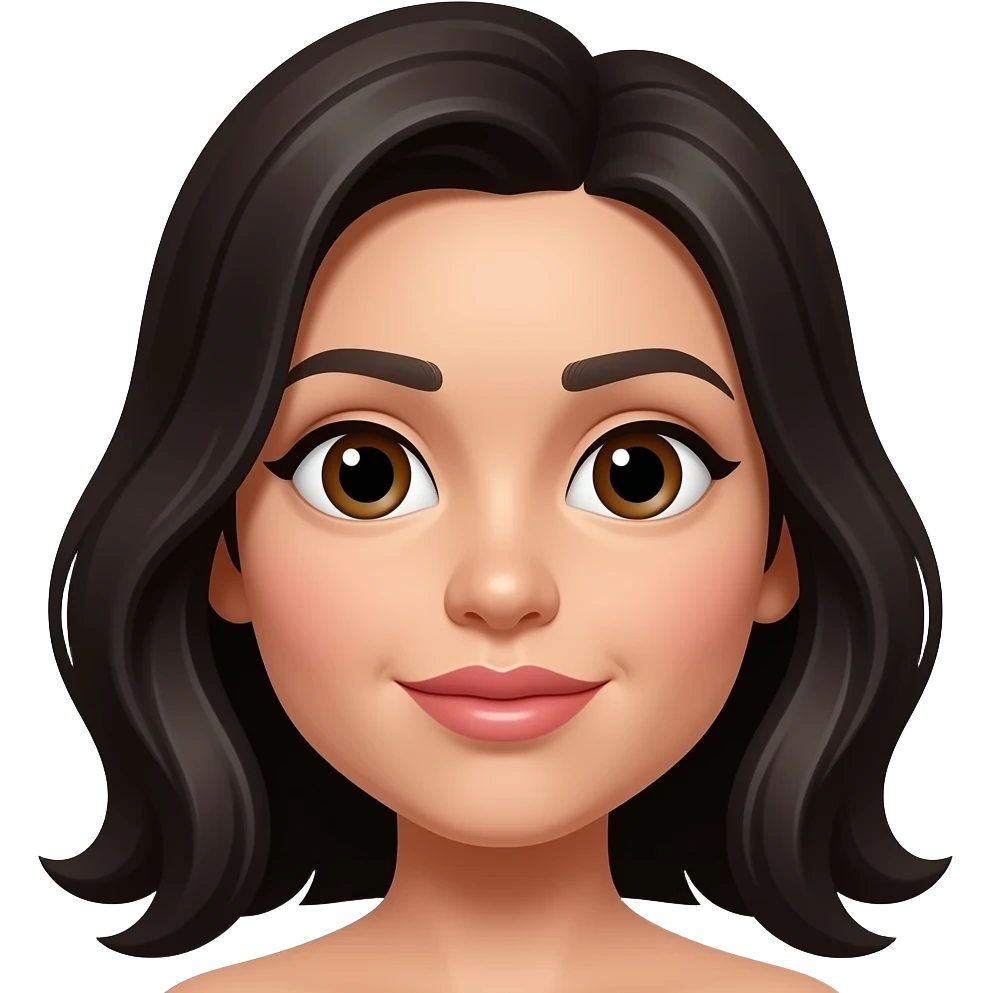 Large nose round small brown eyes thick eyebrows and pouty lips dark  strsight haired wavy emoji