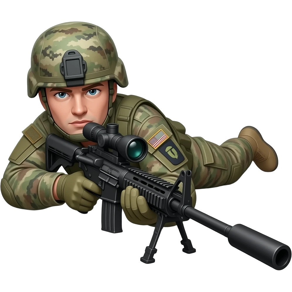 Militar color piel blanco echado boca abajoen el suelo apuntando con un francotirador emoji