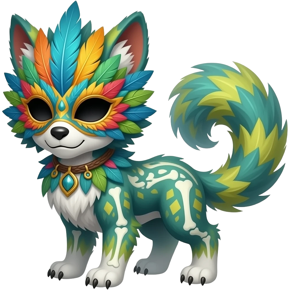 Tropical colorful feathered-masked white-skeletal gloomy foggy eldritch beautiful realistic edgy fantasy vernid-sergal-fursona animal creature with a tufted tail full body with intricate markings emoji