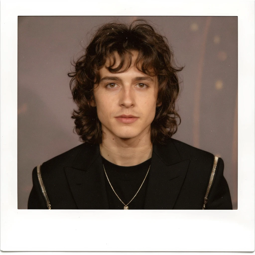 Polaroid style portrait illustration of a young male singer with wavy hair and a confident expression, warm tones, classic instant photo border, based on the reference photo. emoji