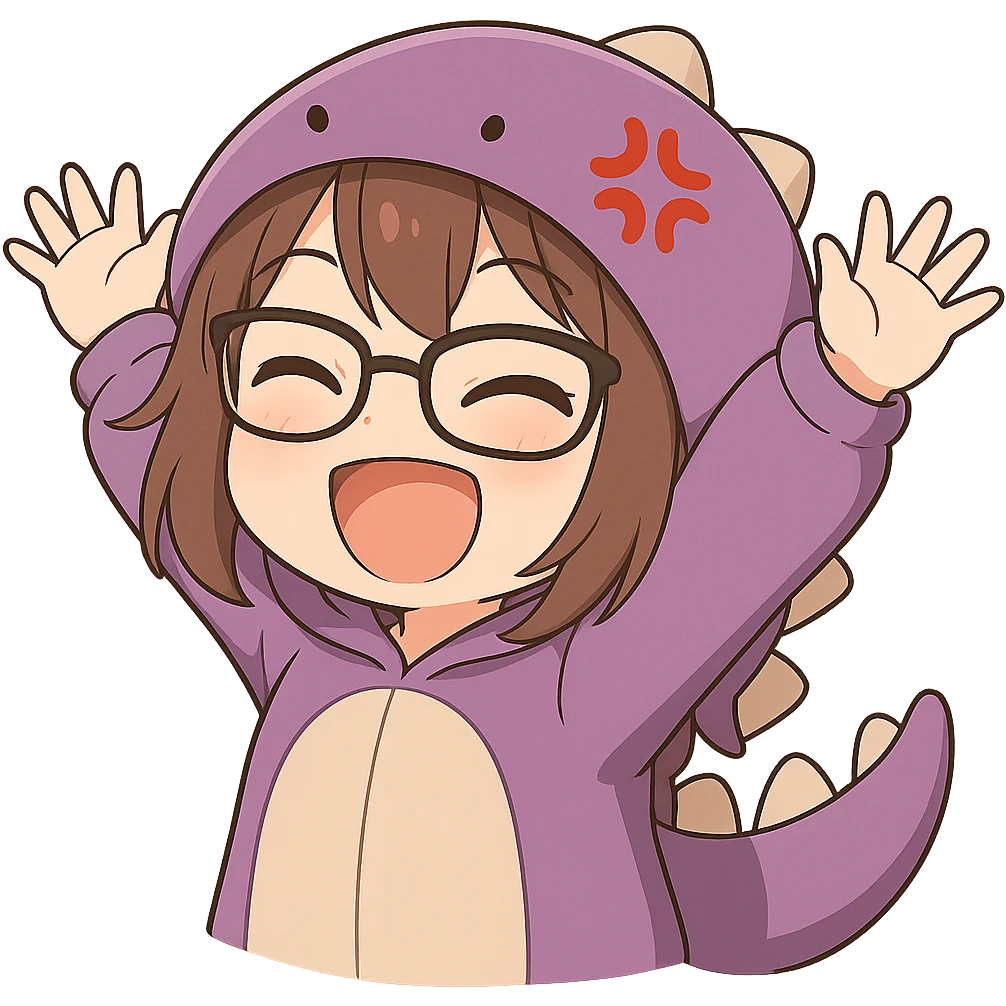 Chibi anime style gamer girl with glasses, brown hair, dark purple eyes, wearing a purple dinosaur costume, new pose with arms up in excitement, making a laughing expression, no controller, no background, same style as reference. emoji