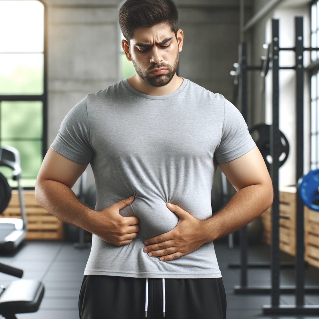 UOMO IN PALESTRA LEGGERMENTE SOVRAPPESO, SI TOCCA LA PANCIA CON ESPRESSIONE DISPIACIUTA IN VOLTO, iperrealistico 4k emoji