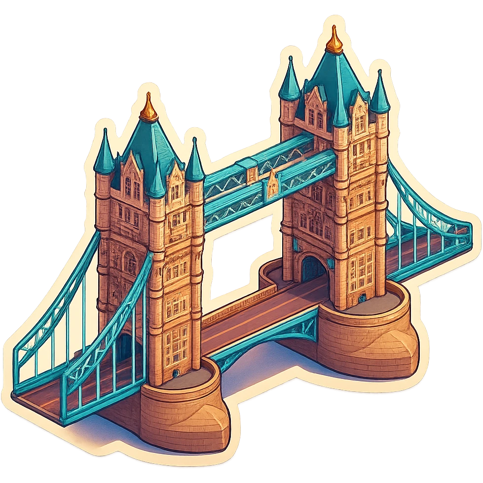 Isometric illustration of photorealistic Tower Bridge in London, detailed towers and suspension sections, subtle brick and metal textures, miniature style with soft shadows, transparent background. emoji