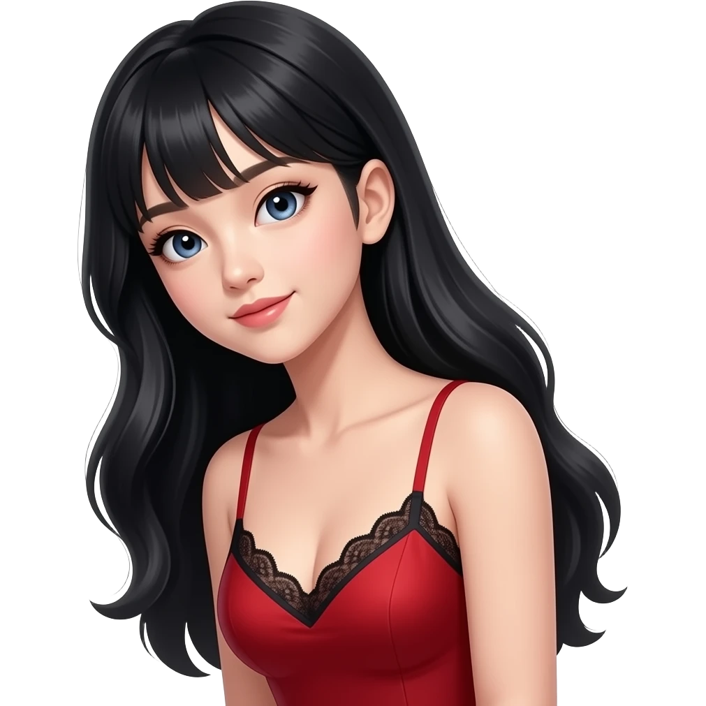Asian girl with black long hair, pretty siren eyes, a red dress, thin strap, with the top of a black bra showing laced, make her look attractive  have her head tilted to the side emoji