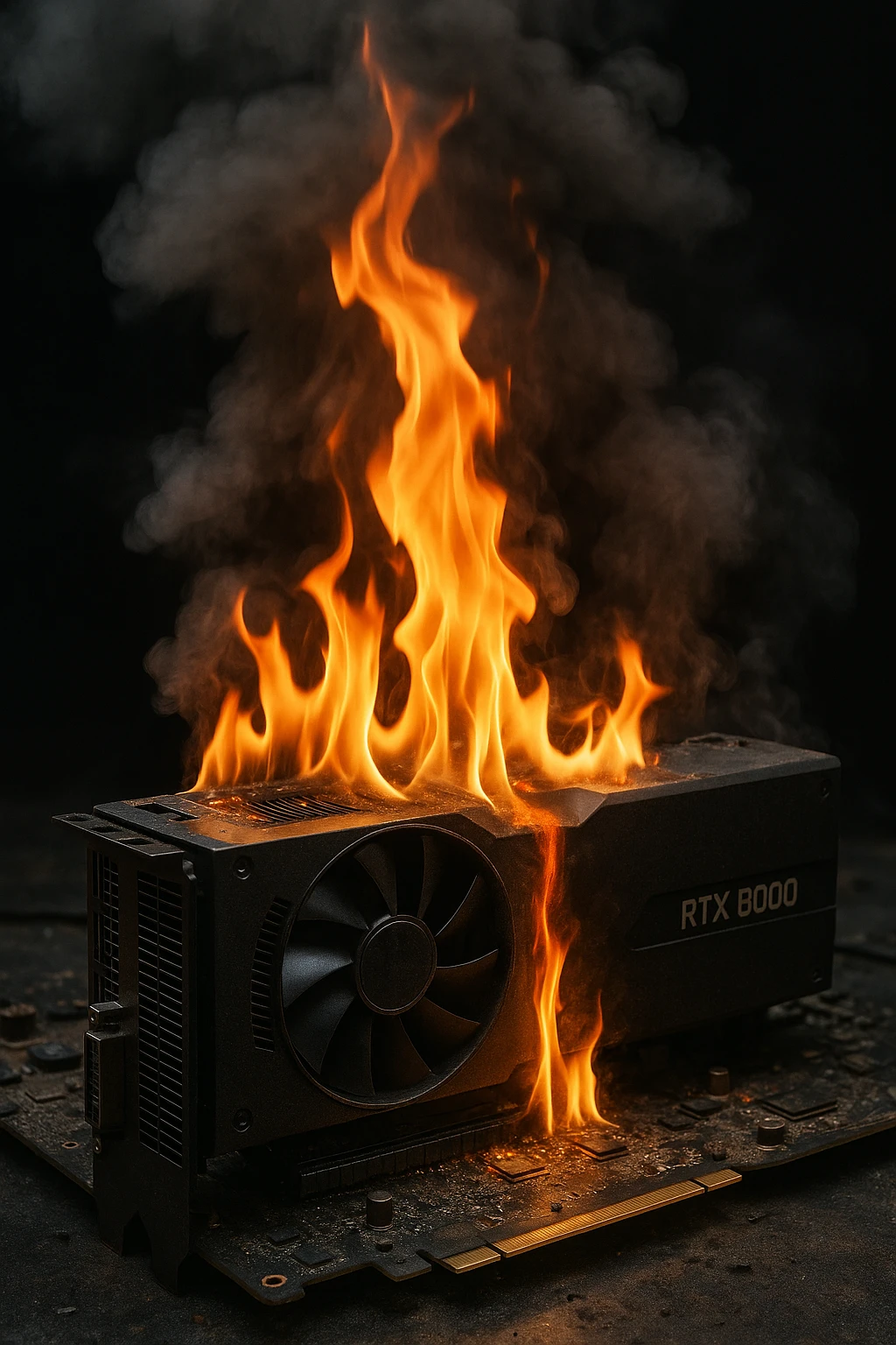 overheating RTX8000 graphics card, smoke and flames, realistic, no text emoji