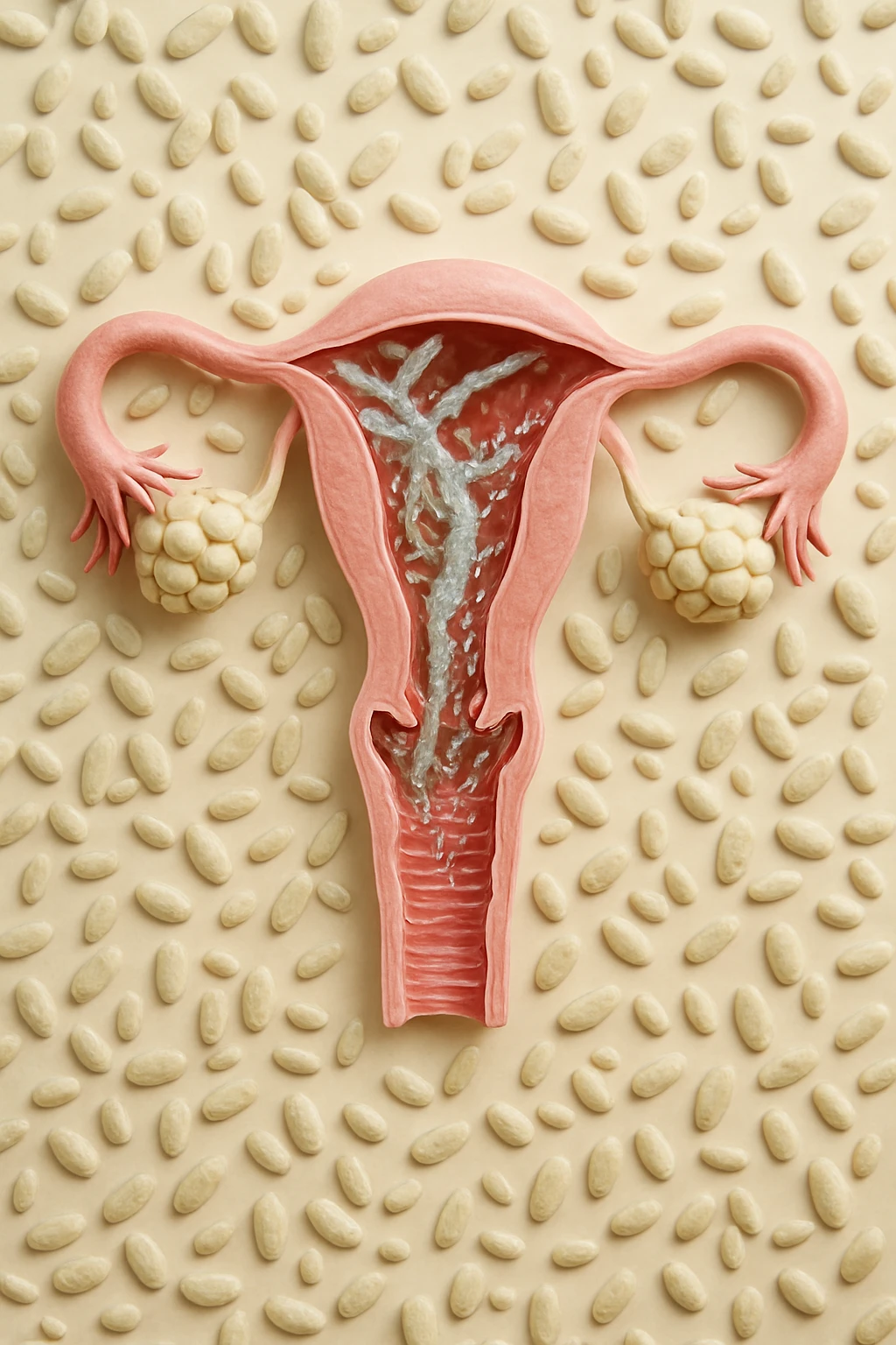 utero umano realistico con batteri della candida intorno, la foto si deve vedere per intero in formato verticale, sfondo neutro chiaro, iperrealistico 4k emoji