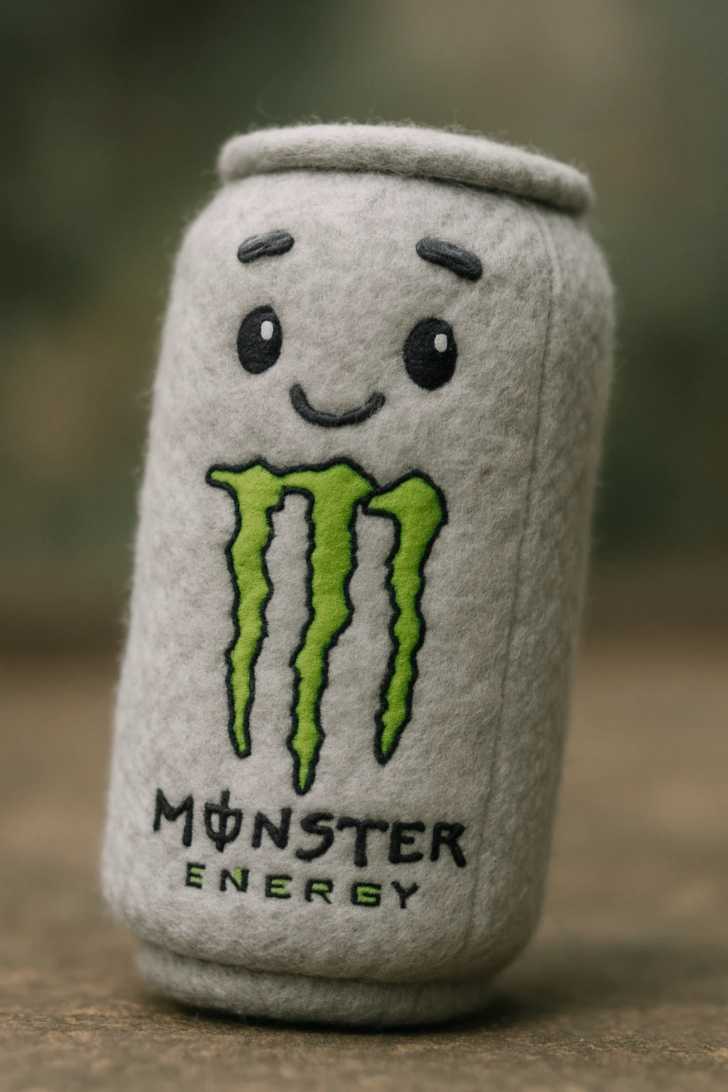 monster energy drink can, plush portrait style, fluffy and soft, embroidered details emoji