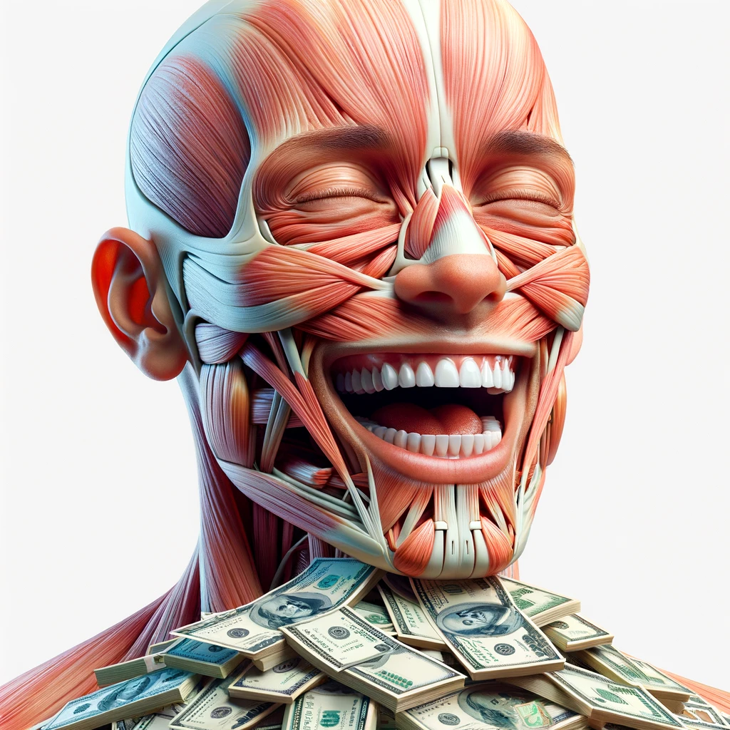 corpo umano anatomico sereno e felice con una montagna di banconote davanti al viso, espressione stupita, iperrealistica 4k, isolato su sfondo bianco emoji