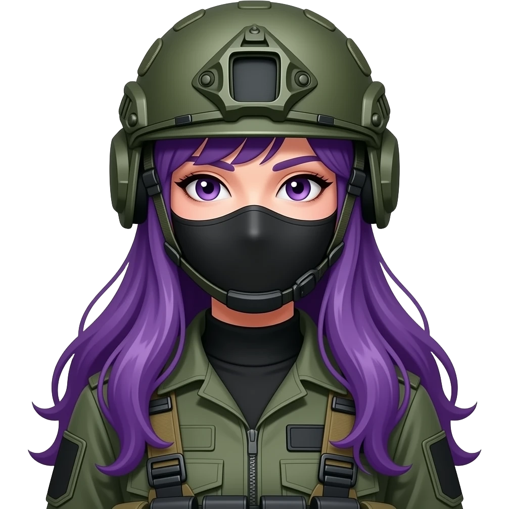 sexy girl with long purple hair wears a combat uniform with a helmet and a mask emoji