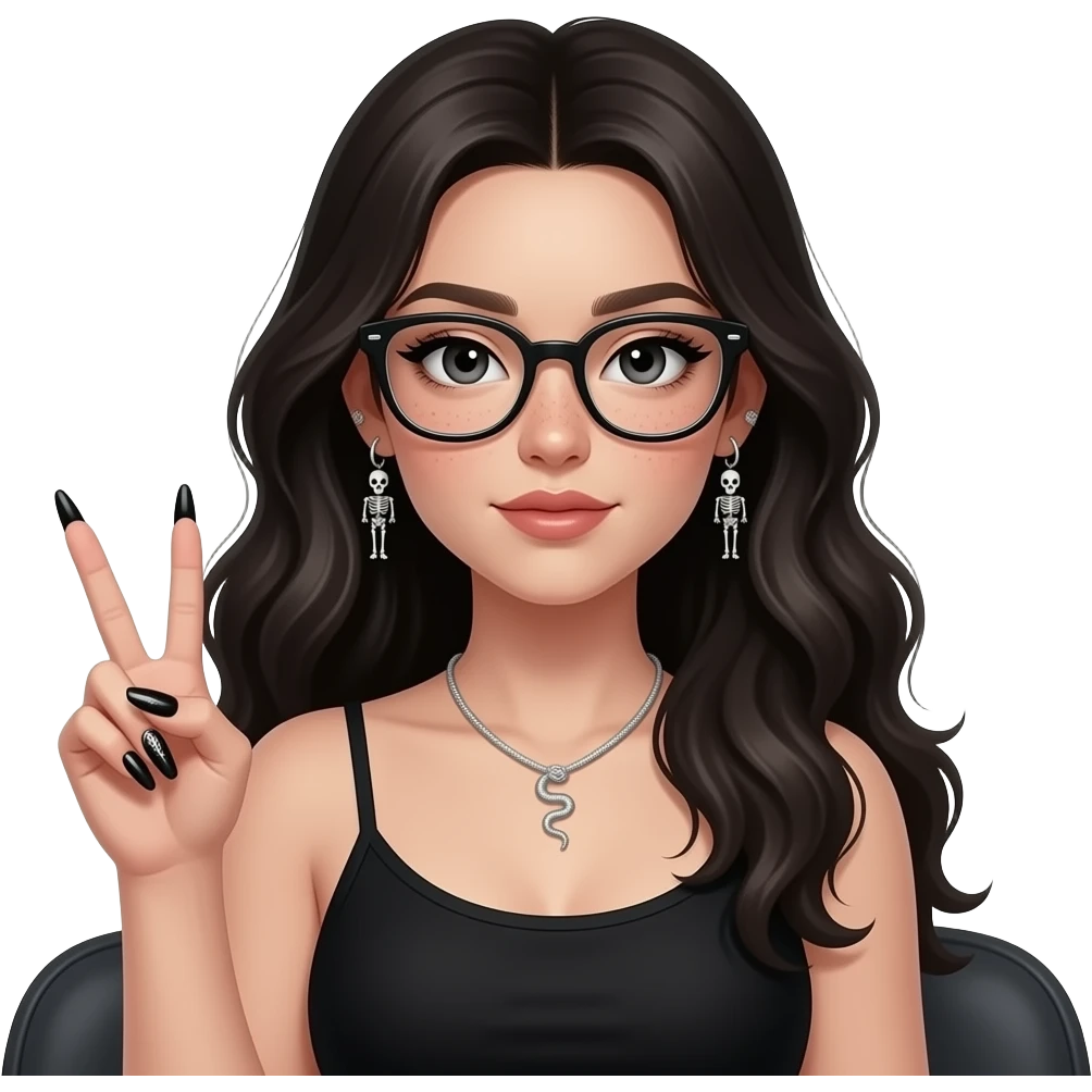 Pale Girl in black, sitting (upper body), long voluminous hair, black eyes with light eyeliner, glasses, subtle freckles. Helix-to-lobe chain earrings with very small skeleton details, small silver snake necklace. Holding a peace sign, long black and silver nails with detailed designs emoji