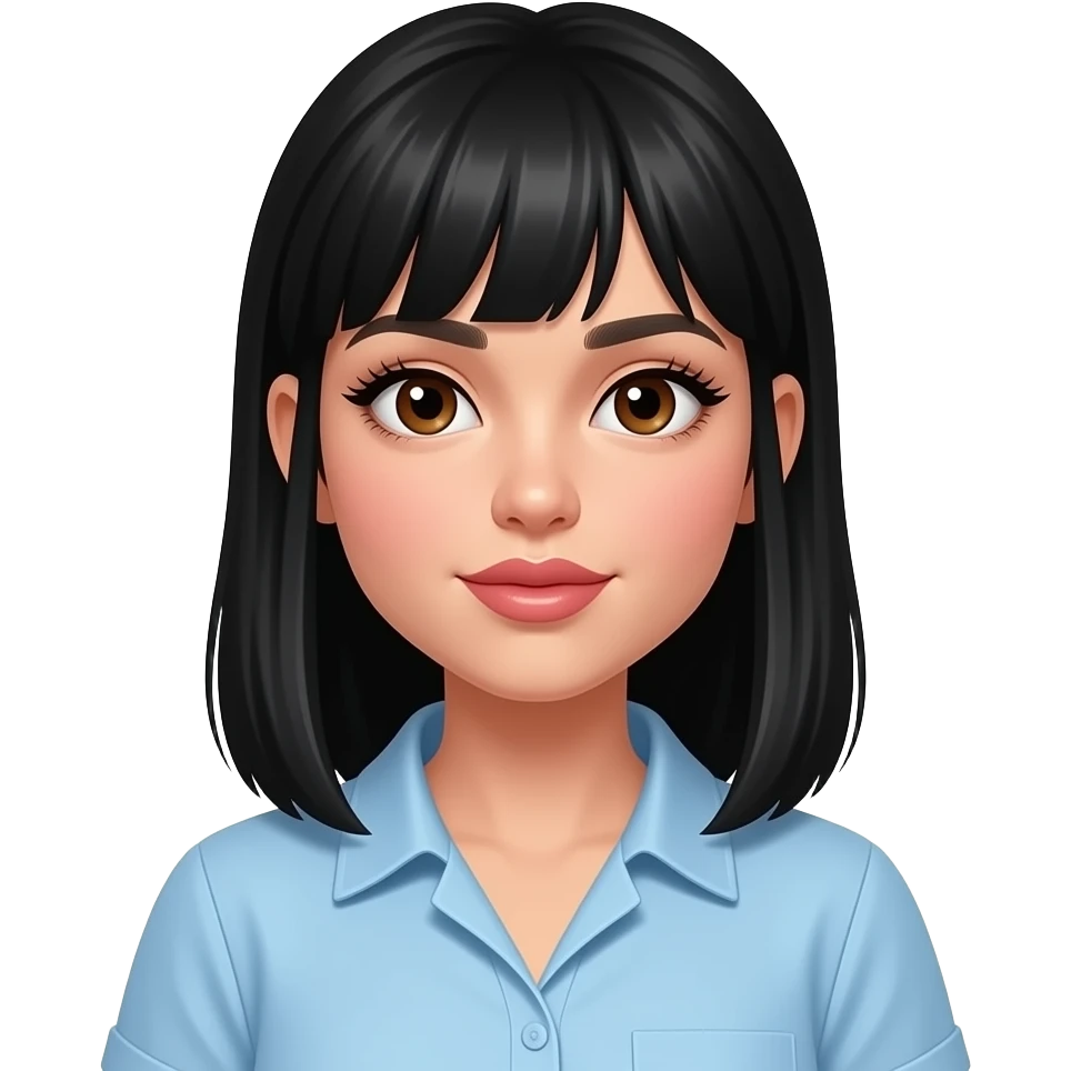 white girl, very beautiful woman, with big plump lips, long long lashes, black straight hair with face framing pieces tucked behind ears, brown eyes, light blue summer shirt emoji