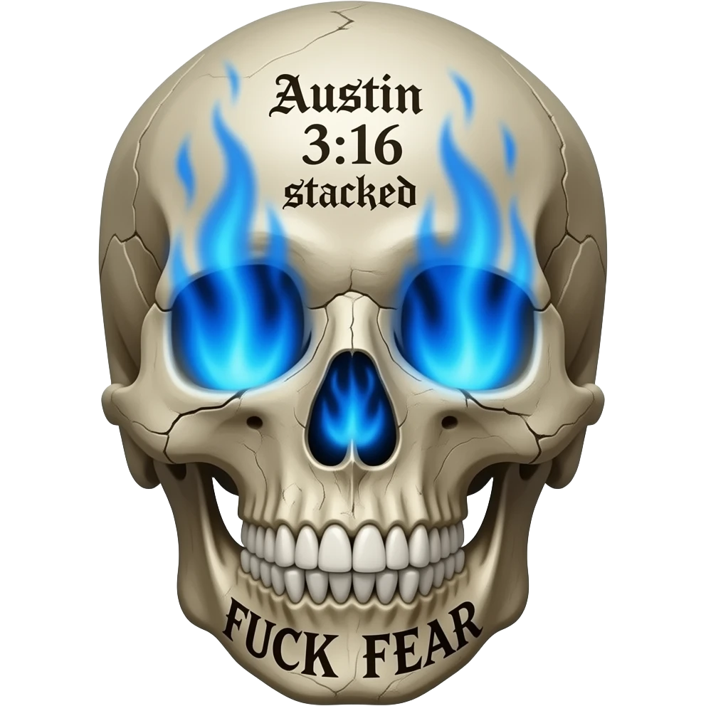 Forward facing, cracked, human skull, skull pieces missing, FUCK FEAR carved on jaw, same gothic font, slightly open, teeth slightly chipped, Austin 3:16 stacked, carved in forehead, eye & nose cavity with intense blue flames, words in a BLACK GOTHIC FONT, entire skull is aged, sun dried, weathered emoji