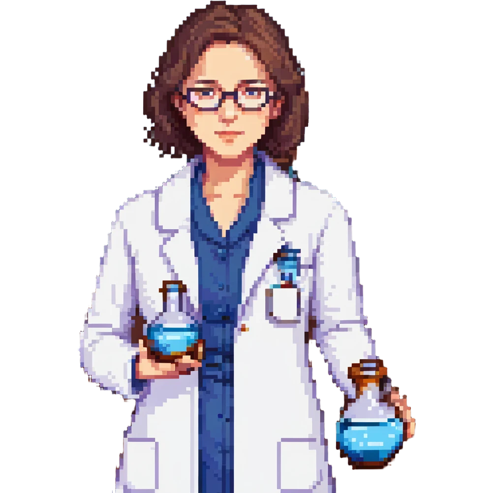 Flat pixel art, a female chemist, wearing glasses, white lab coat over indigo shirt, focusing on lab experiment, holding a flask in her right hand, waist-up, front-facing emoji