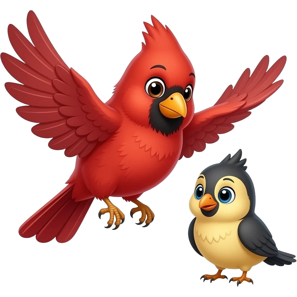 animated soaring mama cardinal and baby boy cardinal emoji