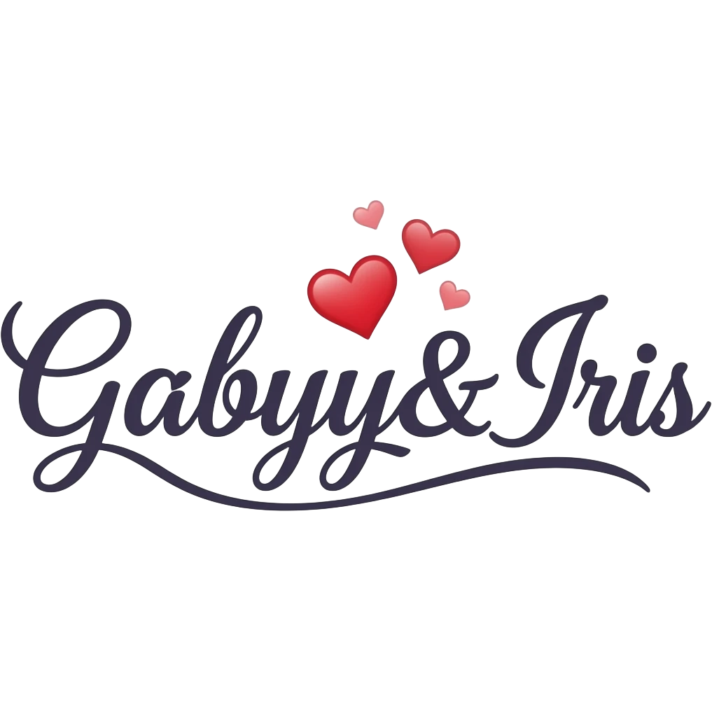 Un emoji  avec écrit tout attaché: Gabyy&Iris avec un style très calligraphique et des petits cœurs au-dessus des prénom emoji
