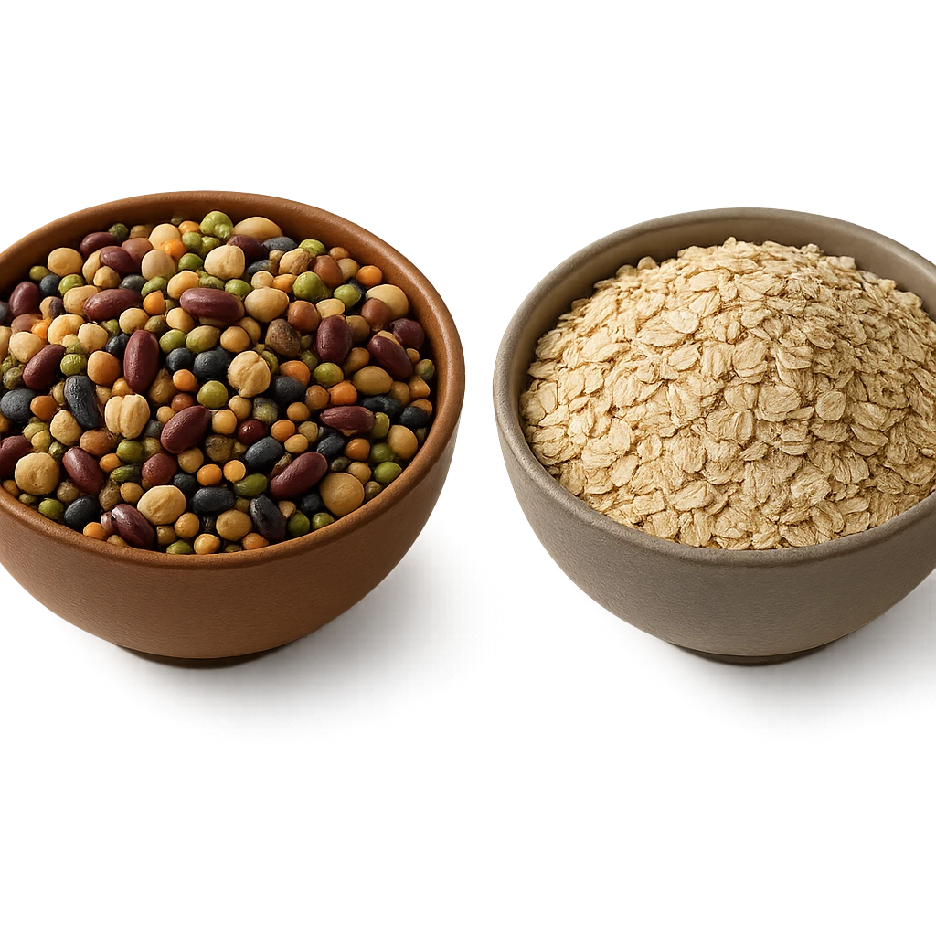 BOWL DI LEGUMI INSIEME A BOWL DI FIOCCHI DI AVENA POGGIATE,  iperrealistico 4k emoji