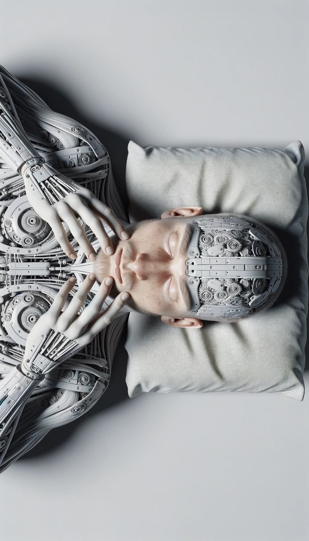 CORPO UMANO ANATOMICO steso sulle lenzuola sul materasso visto dall'alto che si concentra con gli occhi chiusi e le mani sulle tempie, SFONDO CHIARO NEUTRO, iperrealistico 4k emoji