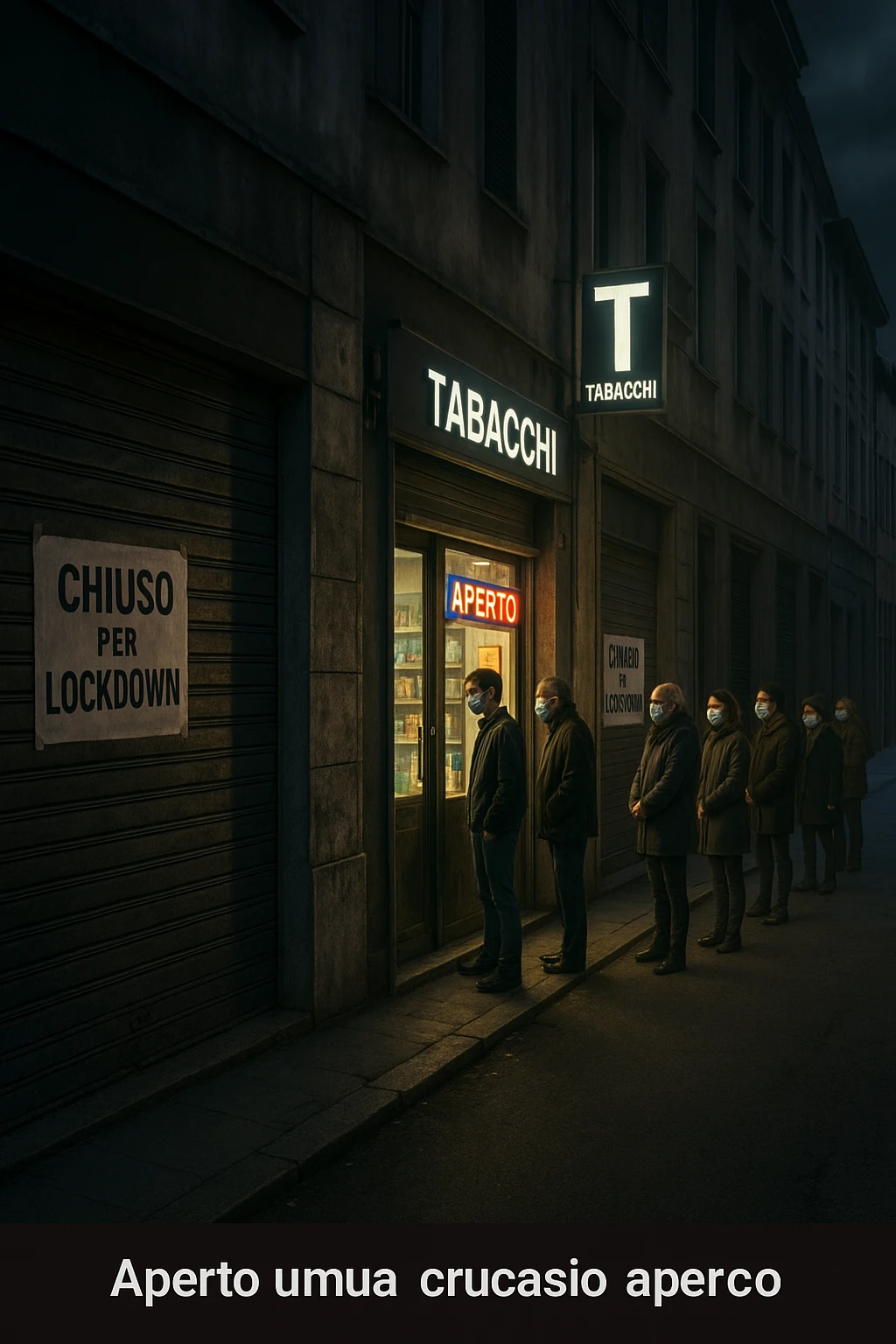 a deserted city street with all shops and businesses shuttered, their windows covered with “Chiuso per Lockdown” signs. In contrast, a brightly lit tobacco shop stands open, with a glowing “Aperto” sign and people lined up outside, all wearing masks. The mood is somber and critical, highlighting the paradox. in italiano emoji