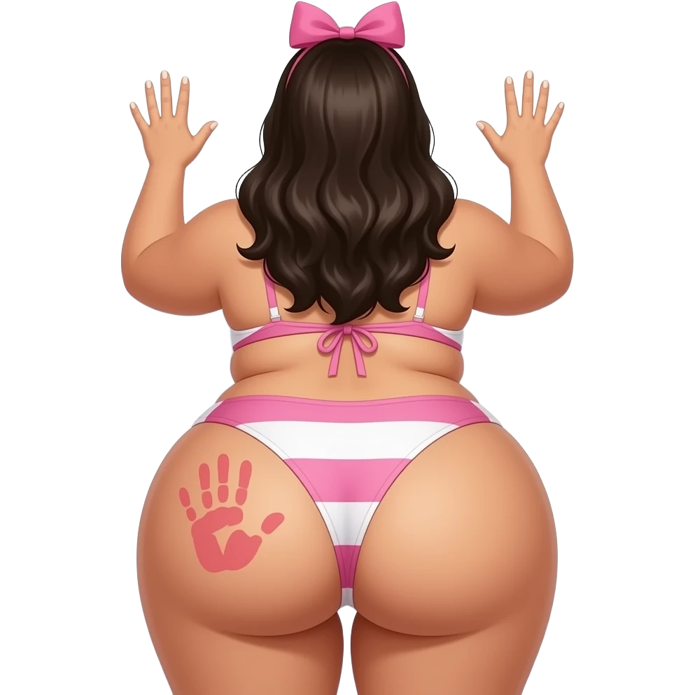 A tanned really extremely fat pink and white big booty latina showing back its bikini and big thighs and buttocks while putting her hands behind the wall and she has a  peach colored hand print on her left buttocks and she with a pink bow tie on her head emoji