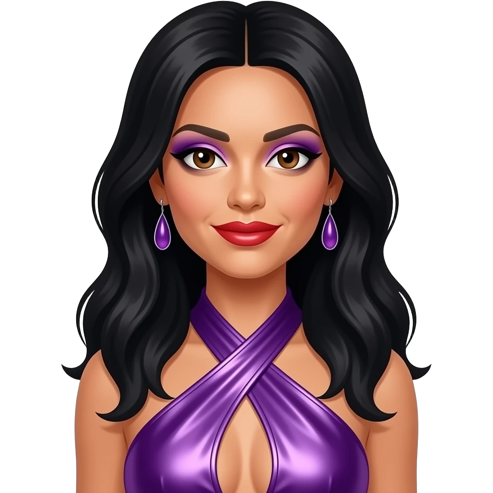Nicole Scherzinger from The Pussycat Dolls with dark brown eyes, long black hair, purple eyeshadow, red lipstick, purple metallic halter dress, earrings emoji
