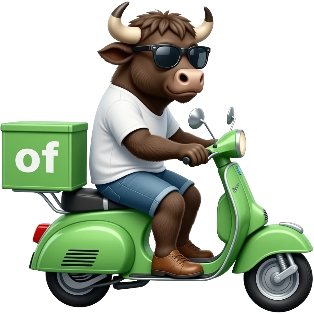 a buffalo with sunglasses driving a green delivery scooter emoji
