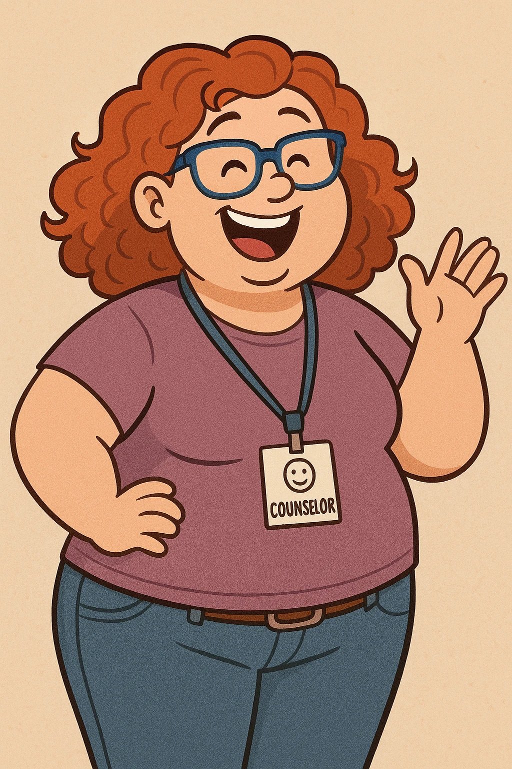 fun high school female counselor, curly red shoulder-length hair, blue glasses, overweight, cheerful expression, sense of humor, casual outfit, cartoon style emoji