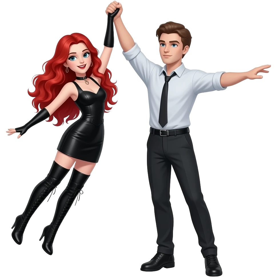 Vampiro femmina ADOLESCENTE con pelle bianca e capelli rosso ondulati lunghi che indossa un vestito corto nero e degli stivali lunghi neri con tacco che fa' l' AERIAL con il suo fidanzato FIDANZATO con la pelle bianca che  con le braccia emoji