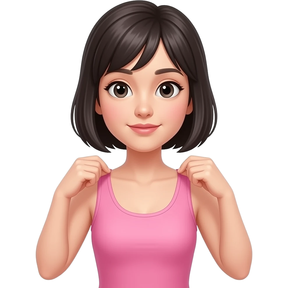 chica de cabello oscuro y corto, sin accesorios, vistiendose y colocandose ropa color rosa emoji