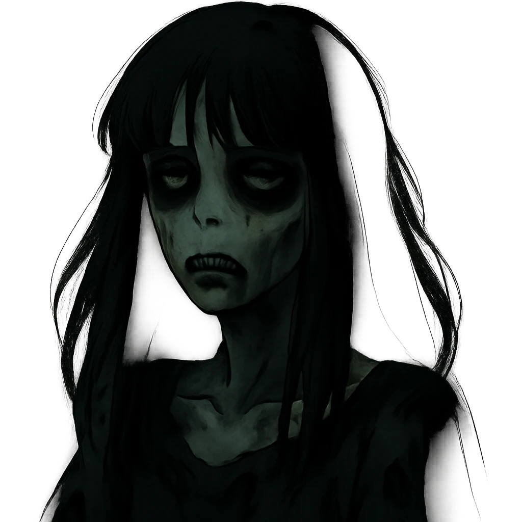 dark gothic style zombie girl with light skin, long black hair with bangs, moody and atmospheric emoji