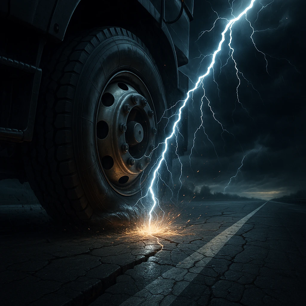 a flat semi truck tire on a highway being struck by lightning, dramatic, dynamic, realistic illustration emoji