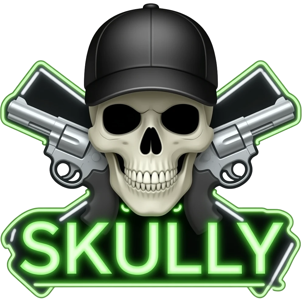 Create me a neon sign that says "Skully" in green with a skull and cross pistols behind it, (the skull and pistols are neon white, grey, and assorted colors) the skull also has black shades and a baseball cap thats black emoji