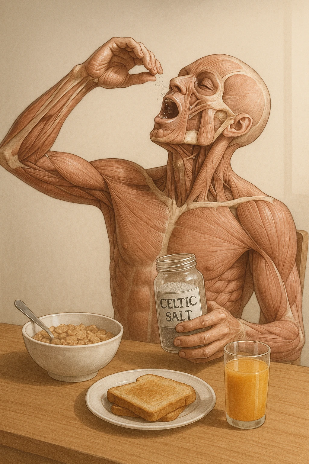 medical illustration of a realistic human body at a breakfast table, tossing Celtic salt from a labeled jar into his mouth, realistic anatomy, clear breakfast context emoji