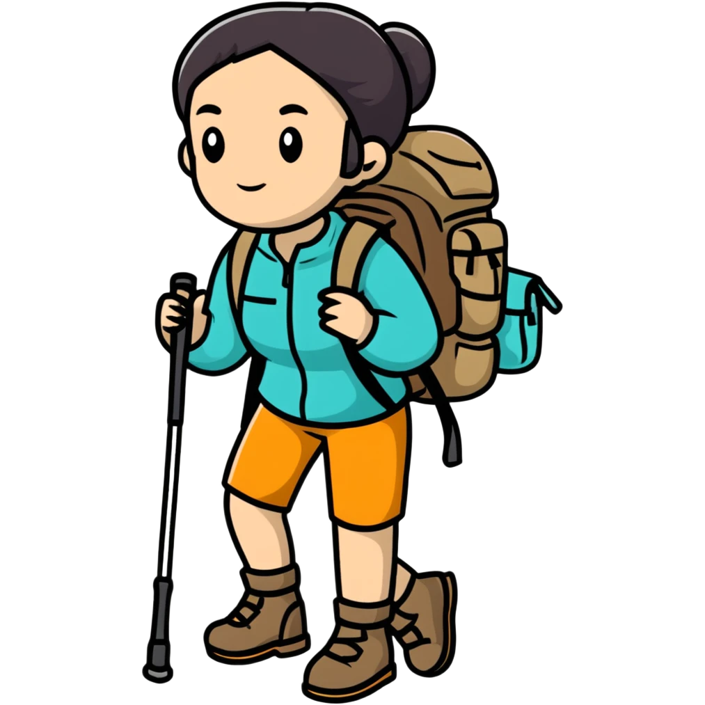 female hiker with backpack and hiking poles emoji