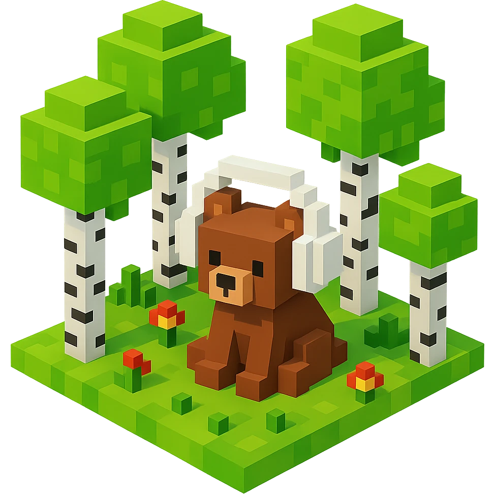 березовый лес, в котором сидит бурый медвежонок в белых наушниках (наушники должны закрывать уши медведя), no background  emoji