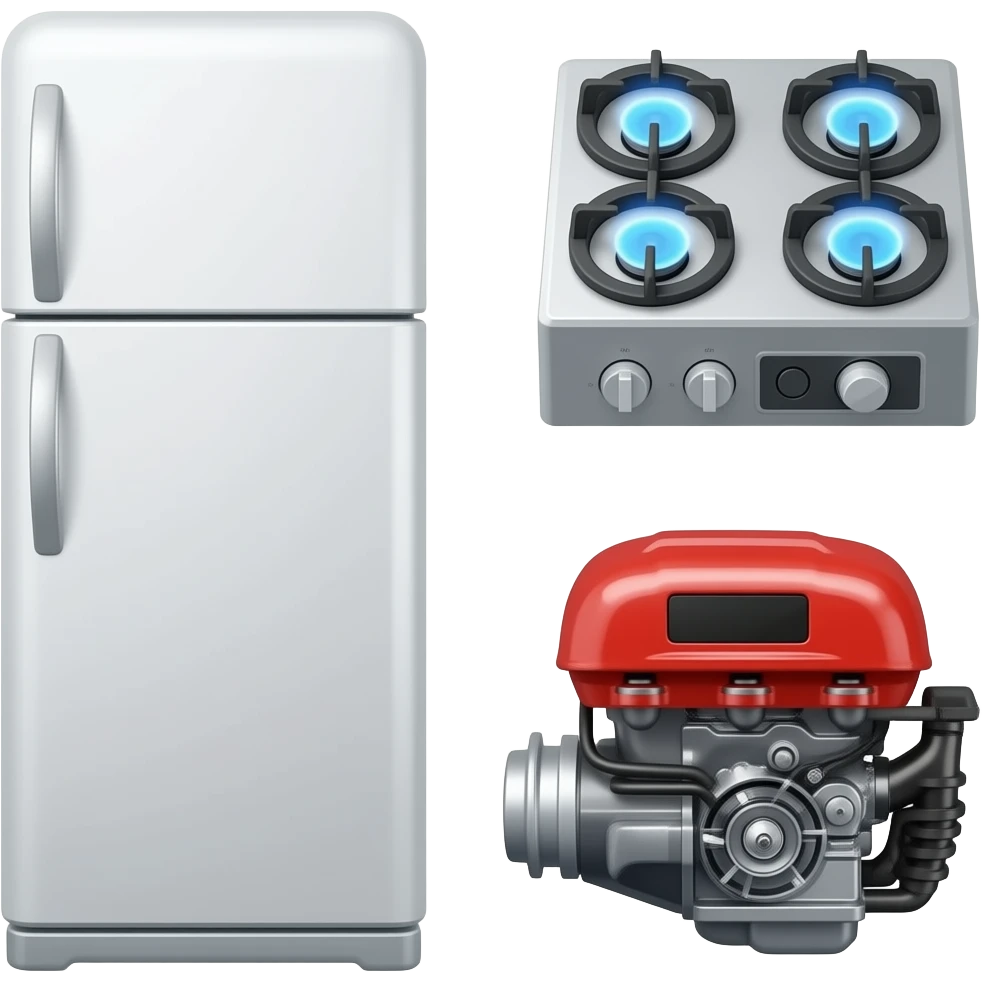 Collage of fridge, Gas burner, Solar panel, engine emoji