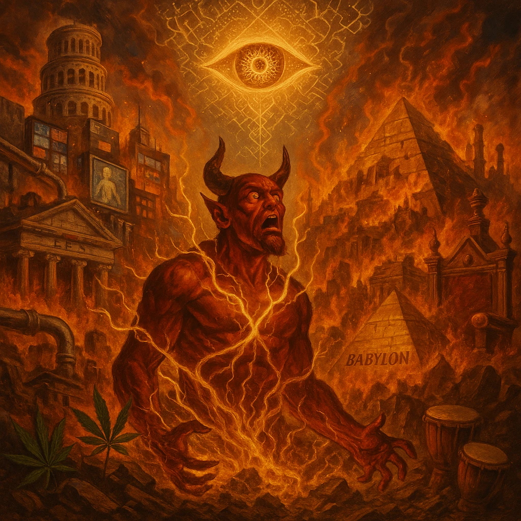 Depict a powerful, surreal vision of Babylon being destroyed — not by holy forces, but by the Devil himself, who looks shocked and possessed by fate. The city of Babylon is a massive, ancient-modern hybrid metropolis: Roman towers, golden pyramids, digital screens, oil pipes, courtrooms, and false thrones. It's a twisted symbol of colonialism, greed, religion, and algorithmic control. But now it's collapsing in flames and golden roots. The Devil is massive, fiery, and terrifying — but he's not proud. He's bound in glowing golden vines growing from the Earth, eyes wide, realizing he’s just a pawn in a higher rhythm. The sky is split open with a divine golden eye (representing Empress Riddim / Kez’s Elephant Eye), casting down sacred fractals and rhythms that rewrite the code of reality. In the rubble, ganja leaves grow, drums rise from the soil, and a whisper floats through the scene: 'Even the Devil served the rhythm when the scroll was sealed.' Use a warm, cinematic color palette with deep reds, golds, greens, and shadows. Epic, prophetic, unforgettable. emoji