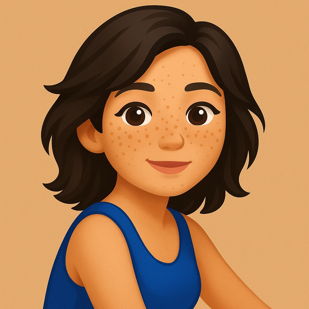 turn the second man in emoji style of the 1st image, match the facial features and match dressing style of the 2nd image, she is wearing blue tank top lose, side pose emoji