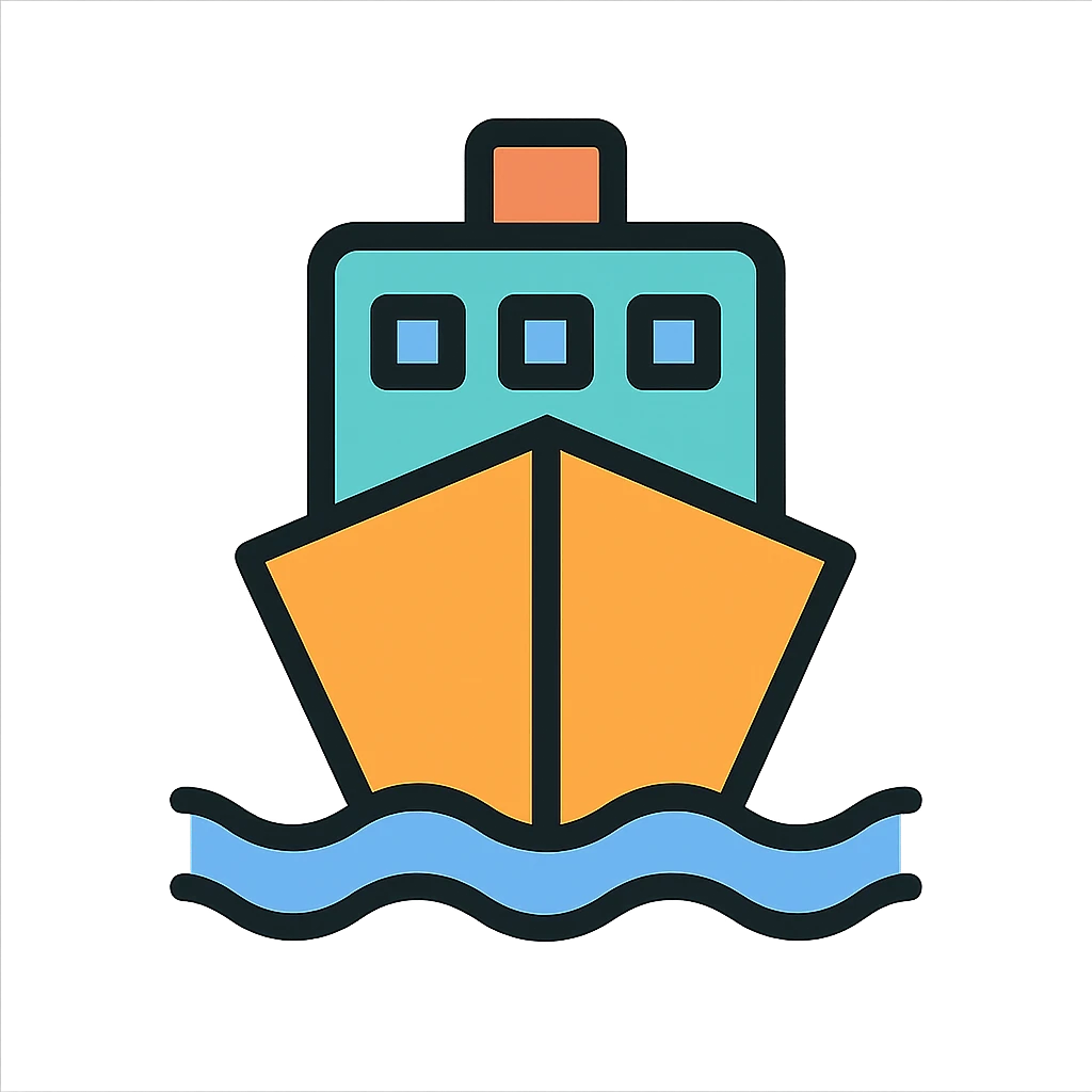 stylized ship front icon, pointed bow, windows, subtle waves, modern icon style emoji