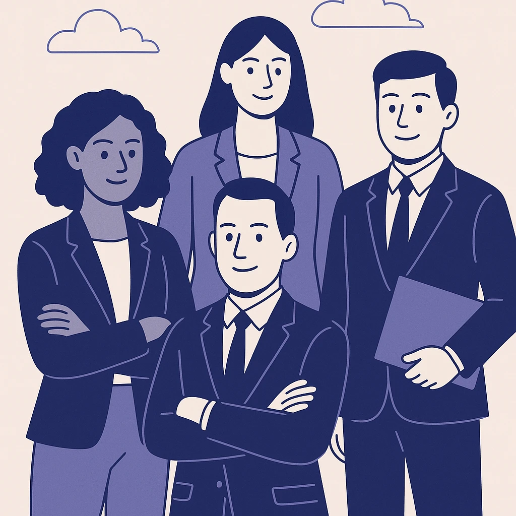 a group of diverse professionals in business attire, standing together confidently, modern illustration style emoji