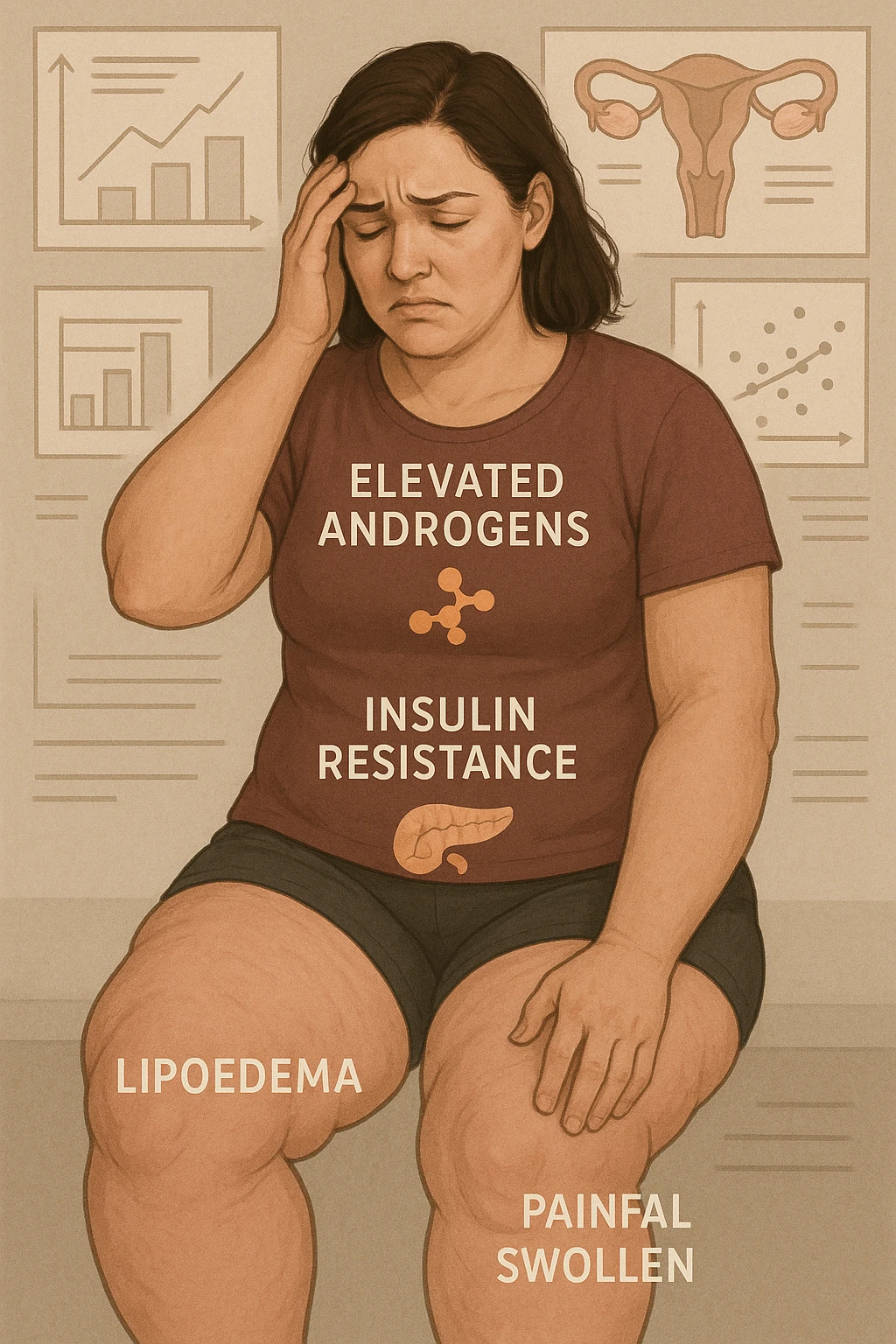 Woman with PCOS struggling with hormonal chaos, transparent overlay showing elevated androgens and insulin resistance affecting her body, lipedema causing disproportionate fat accumulation in legs and arms despite normal torso, expression of frustration with unexplained weight gain, medical charts showing complex endocrine dysfunction, painful swollen limbs contrasting with metabolic confusion emoji