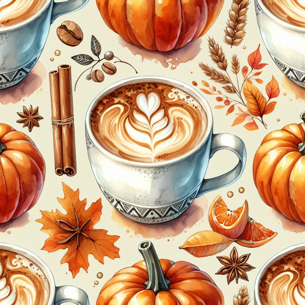 coffee latte art seamless background, pumpkin spice latte, creamy brown and orange tones, cozy autumn café vibe, watercolor effect emoji