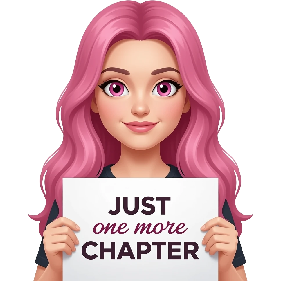 sexy girl with long pink hair and pink eyes holding a JUST one more CHAPTER sign emoji