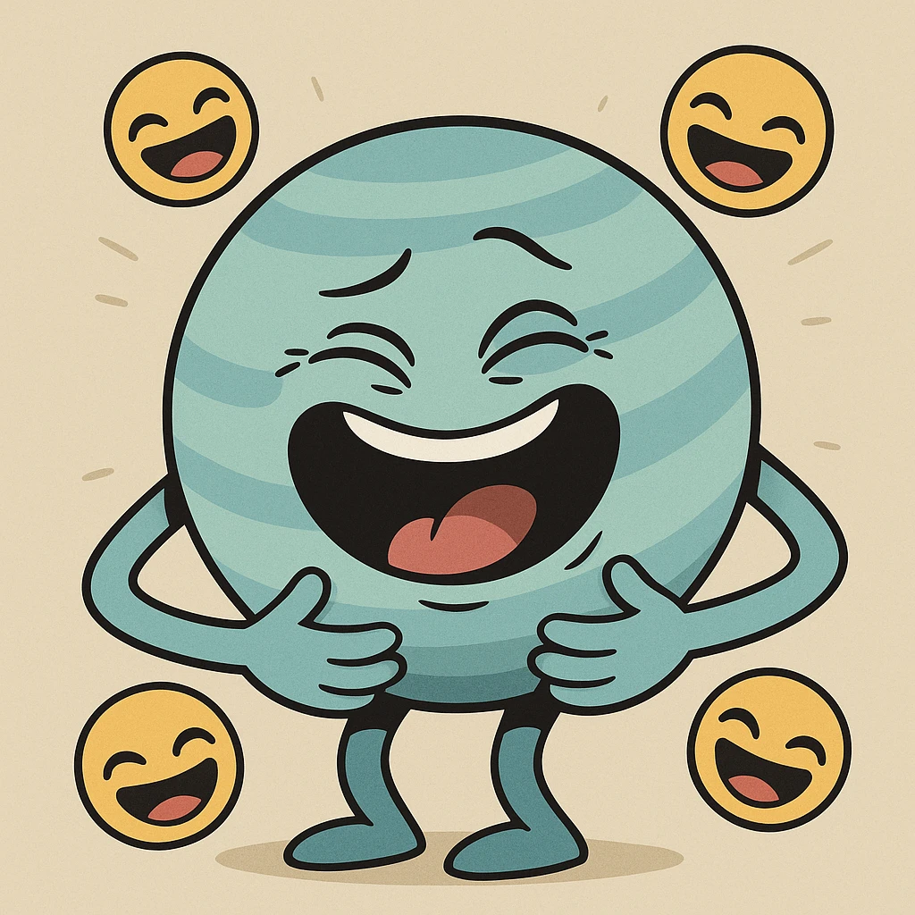 Uranus with a face, holding its sides and laughing, surrounded by floating emojis, cartoon style emoji