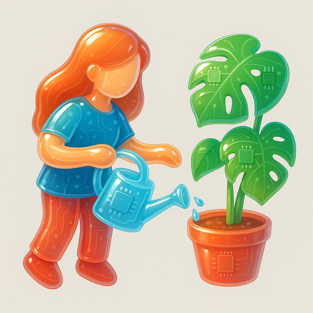 woman watering her monstera plant emoji