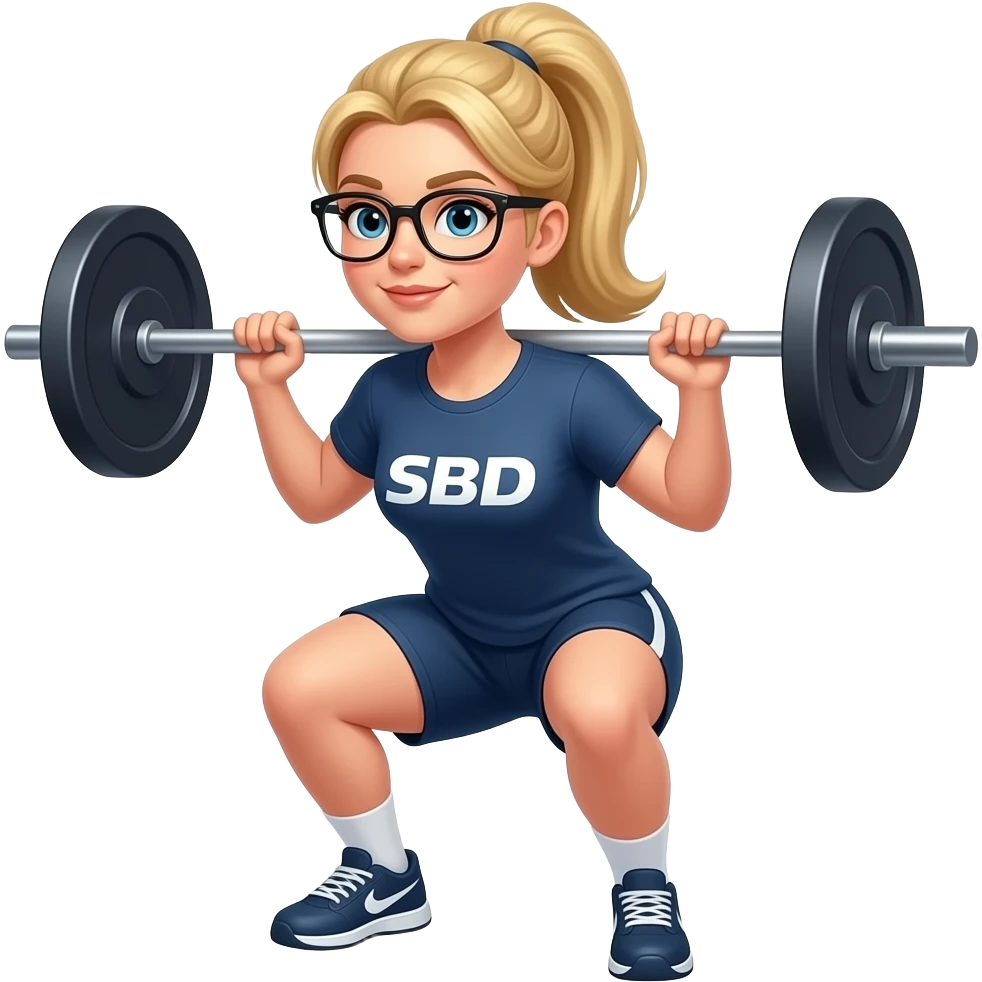 blond long hair female with glasses and pony tale doing squats with a barbell wearing sbd tshirt and shorts emoji